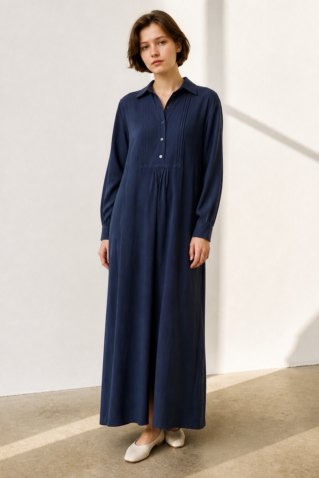 Zara Pintuck Modest Black Midi Maxi Handmaid's Tale Collared Shirt Dress Size S